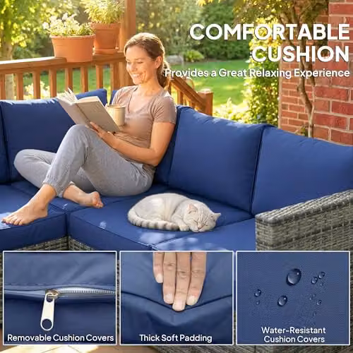 Outsunny 4 Piece Blue Rattan Garden Furniture Set with L-Shape Corner Sofa, 2-Seater Sofa, Coffee Table and Upholstered Cushions – 4
