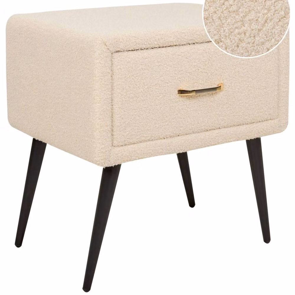 Wyld and Coco Beige Boucle Bedside Table with Black Iron Legs and Rose Gold Handle – 2