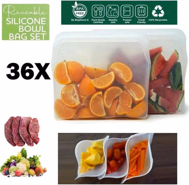 ATEK 36 Pack Reusable BPA Free Silicone Zip Lock Freezer Bags in Clear – 1