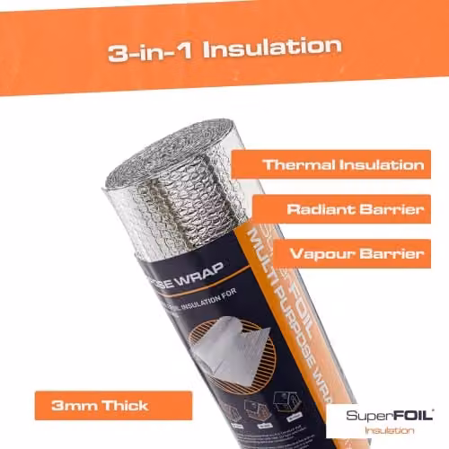 SuperFOIL Silver Foil Insulation Roll, 3-in-1 Thermal, Radiant and Vapour Barrier, W: 1 m, L: 7 m – 2