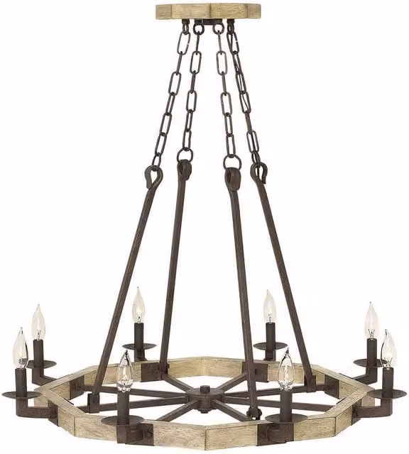 Elstead Wyatt 8 Light Ring Chandelier in Rustic Metal and Wood with E14 Sockets