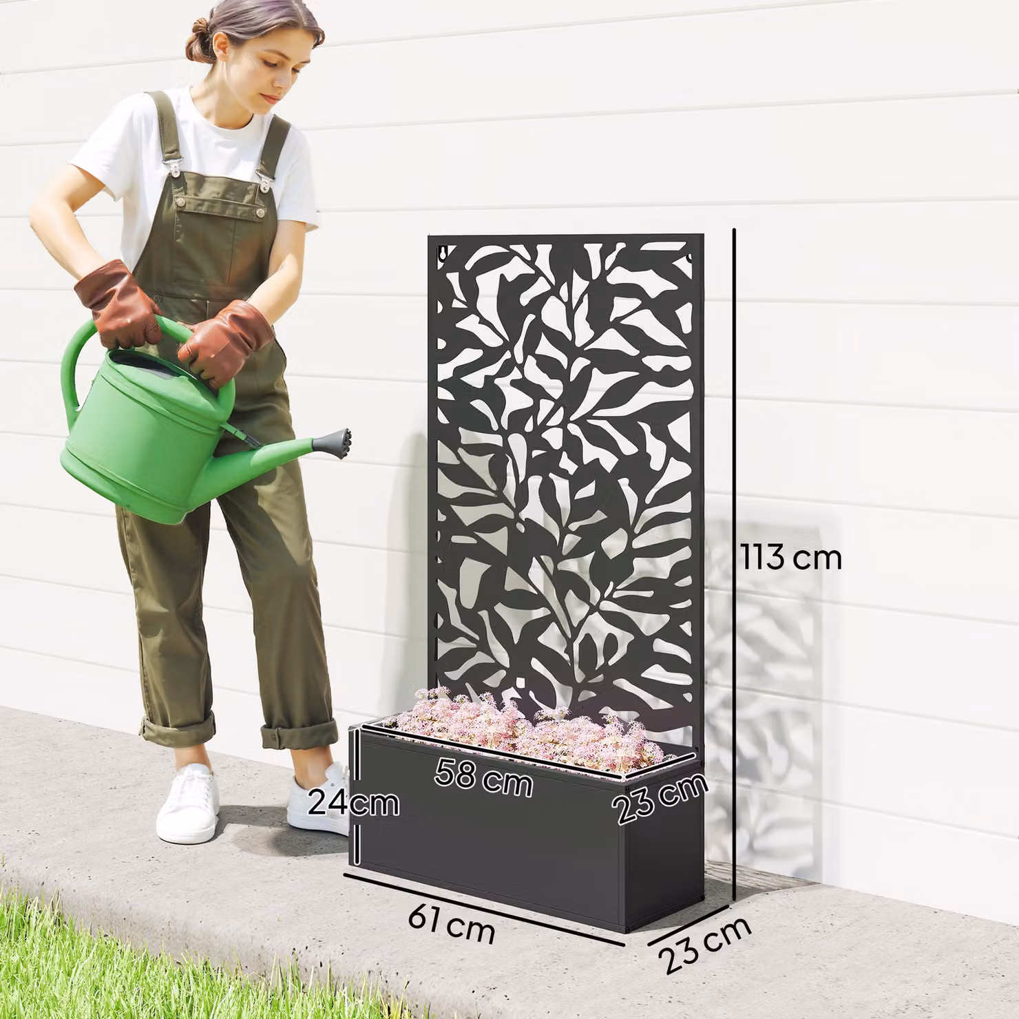 Outsunny Metal Garden Raised Bed with Trellis and Privacy Panel, Black, W: 58.0 cm, D: 30.3 cm, H: 24.0 cm – 3