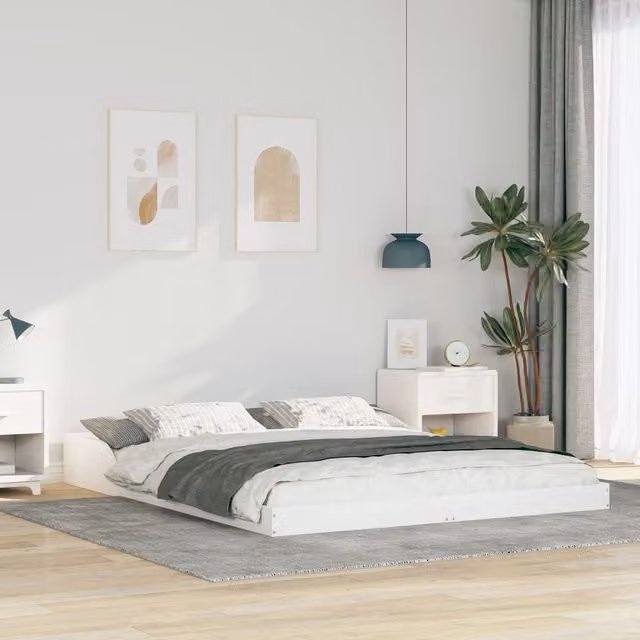 Berkfield Home White Solid Pine Wood Bed Frame W/D/H: 150 x 200 cm