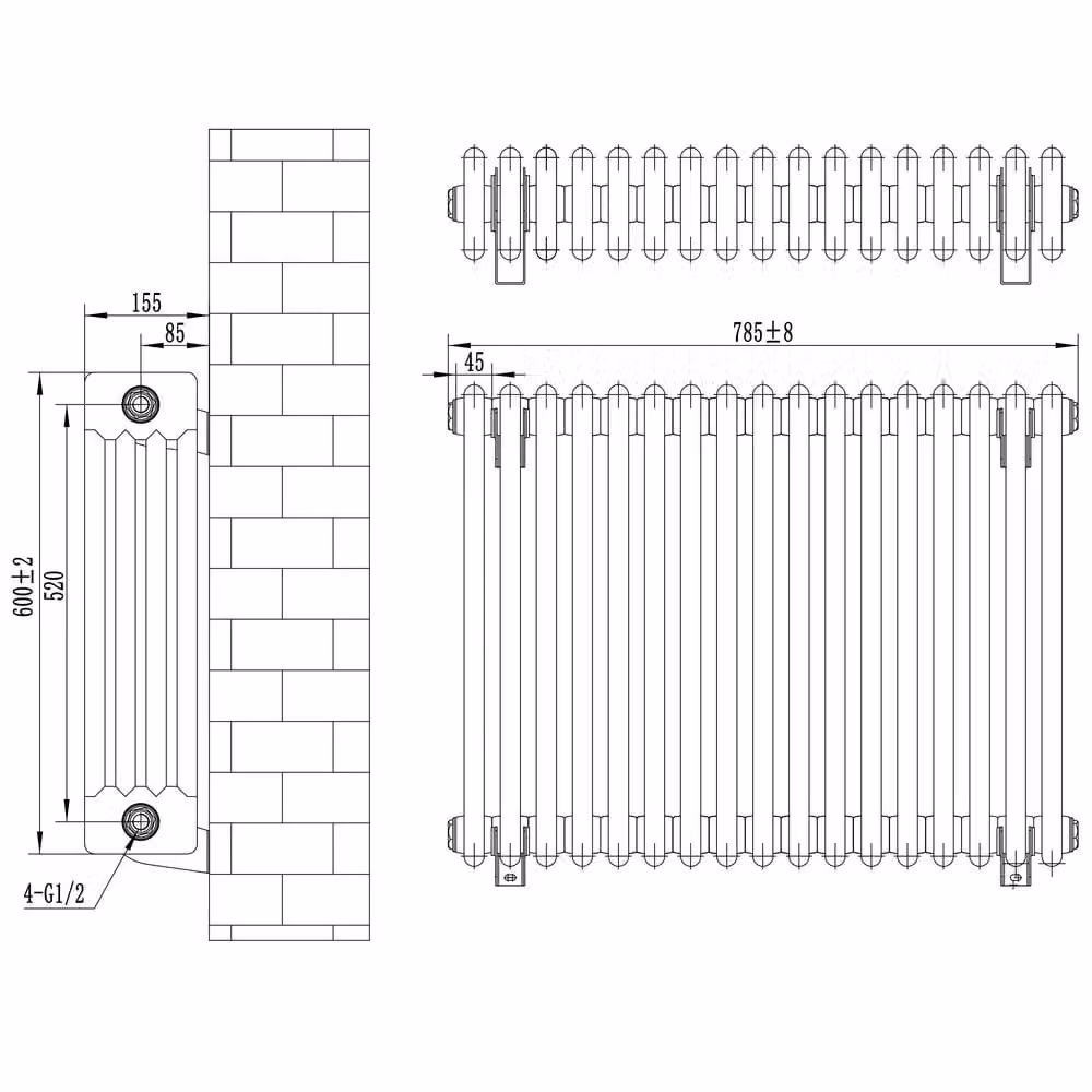 Monstershop Traditional 4 Column Steel Radiator and Valves, Anthracite Grey, W: 60.0 cm, H: 78.5 cm – 5
