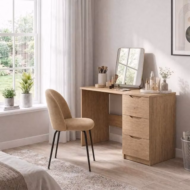 FWStyle Luno Oak 3 Drawer Dressing Table Vanity Makeup Desk in Oak
