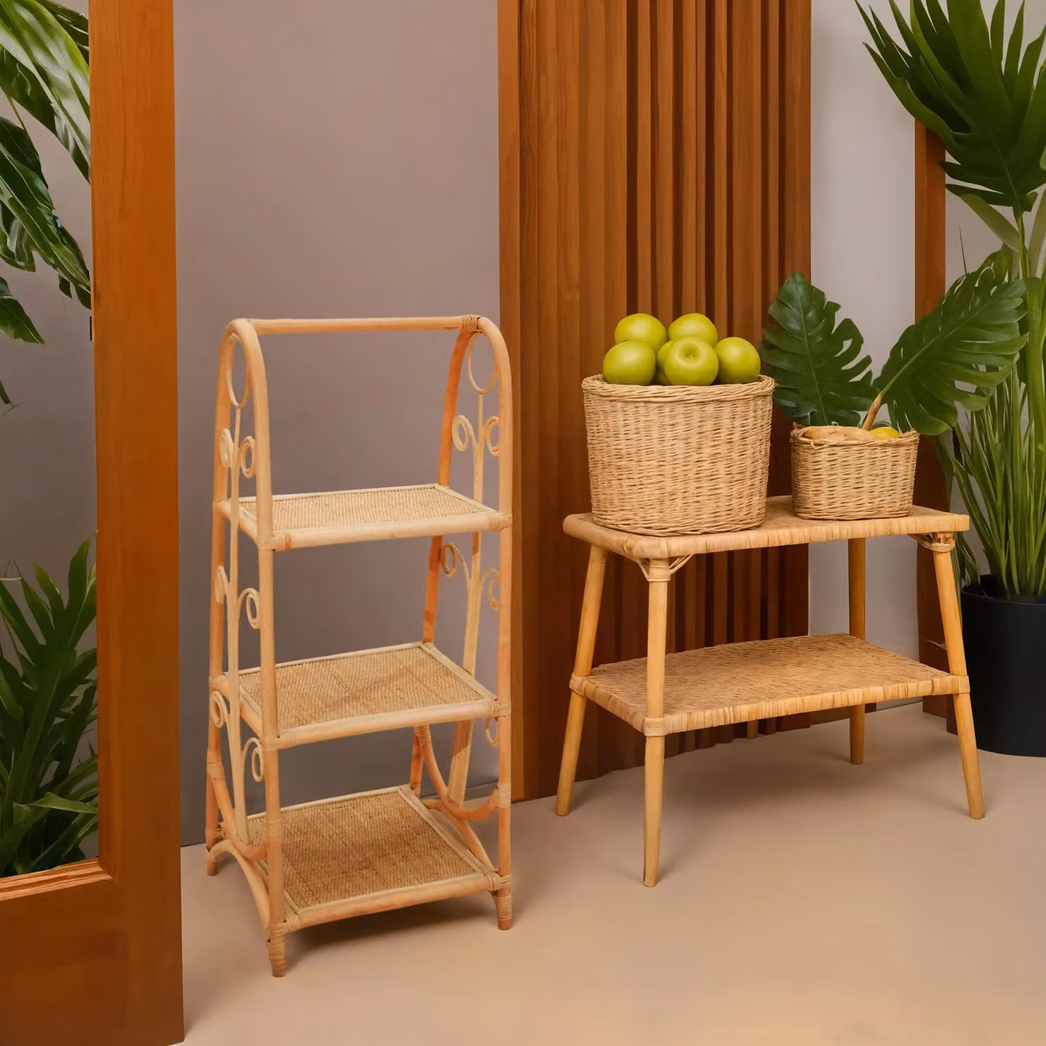 Orsina Three Tier Industrial Shelving Unit in Brown and Sand with Rattan Details, W/D/H: 45 x 45 x 107 cm – 4