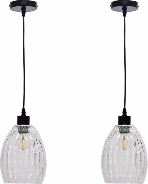 First Choice Lighting Birch Set of 2 Suspended Pendant Lights with Transparent Fluted Glass and Black Fittings – 1