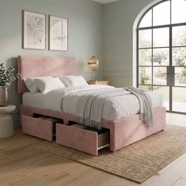 Bed Time UK Pink Suede Divan Bed with 2 Drawers, 20" Plain Headboard and Hybrid Memory Mattress, Super King Size (200 x 200 cm)