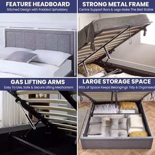 Home Treats Grey Fabric Upholstered Ottoman Small Double Bed Frame W/D/H: 120 x 200 x 88 cm – 3