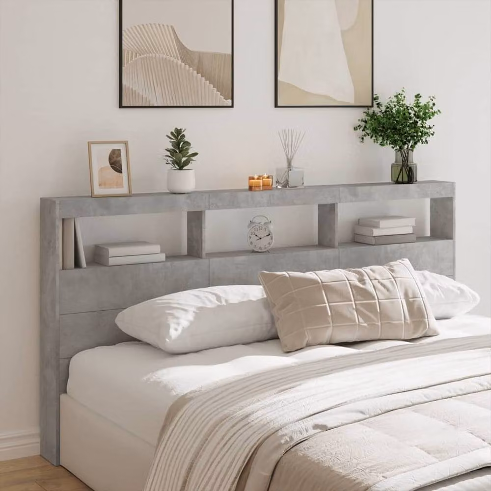 Berkfield Home Modern Headboard Cabinet with Integrated LED Lighting in Concrete Grey, W/D/H: 200 x 17 x 102 cm – 2