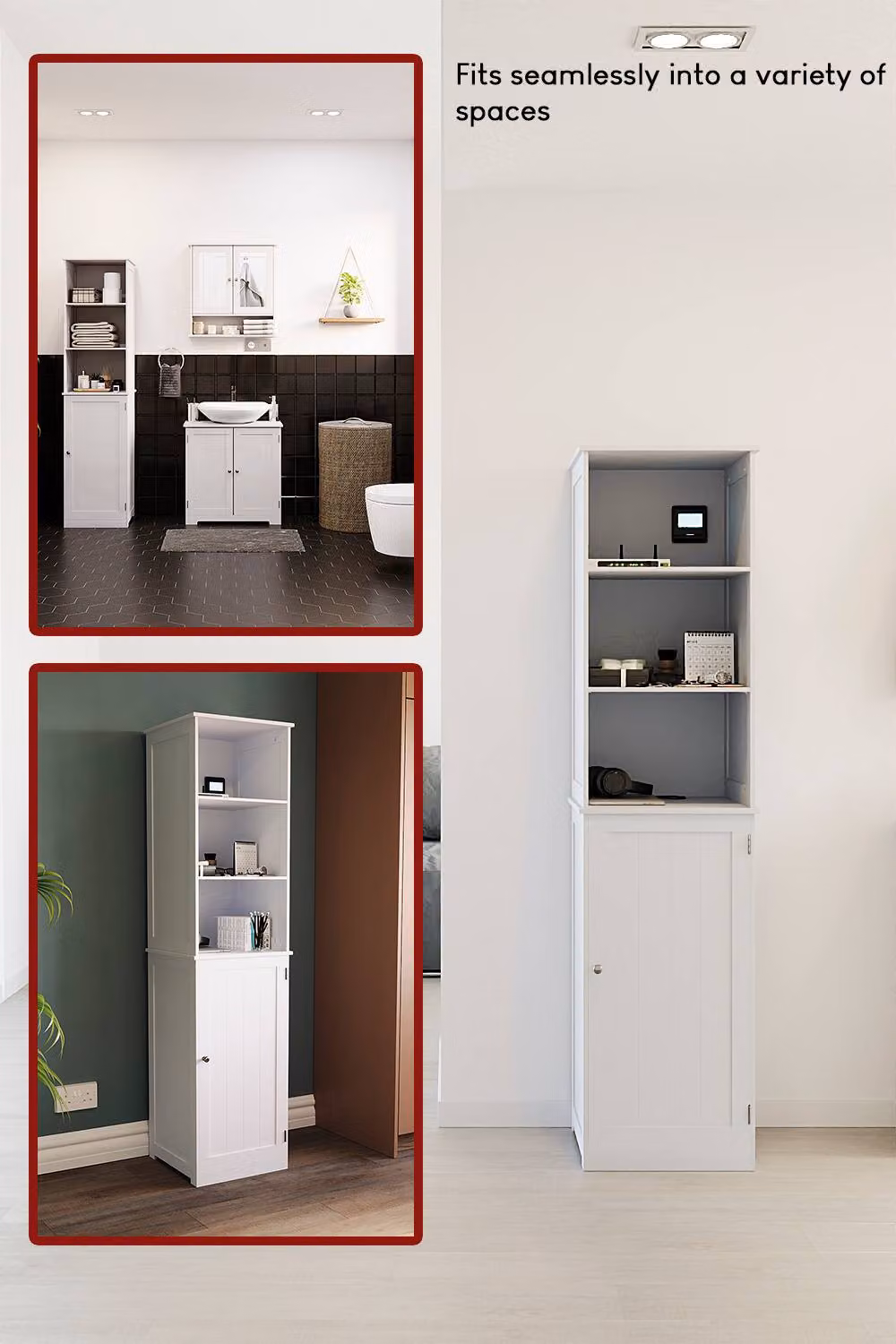 HD Designs Priano Tall Storage Cabinet in White with 3 Open Shelves and 2-Tier Hinged Door Storage – 6
