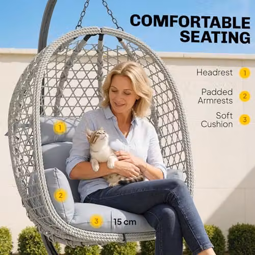 Outsunny Rattan Hanging Egg Chair with Stand in Light Grey – 5