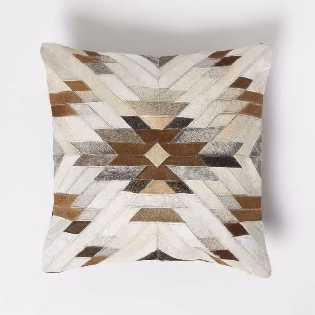 Homescapes Geometric Star Square Leather Cushion in Brown and Cream, W/D/H: 45 x 45 x 1 cm