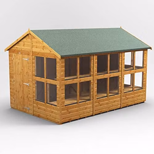 Powersheds Premium Apex Wooden Potting Greenhouse in Brown with 12mm Extra Thick Timber and Toughened Glass