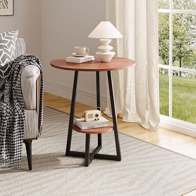Livingandhome Two-Tier Round Retro Side Coffee Table in Brown