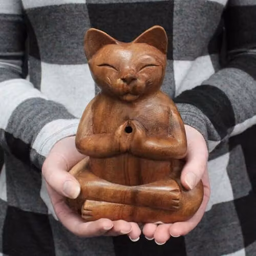 KDMD Large Yoga Cat Wooden Carved Incense Burner in Brown – 2