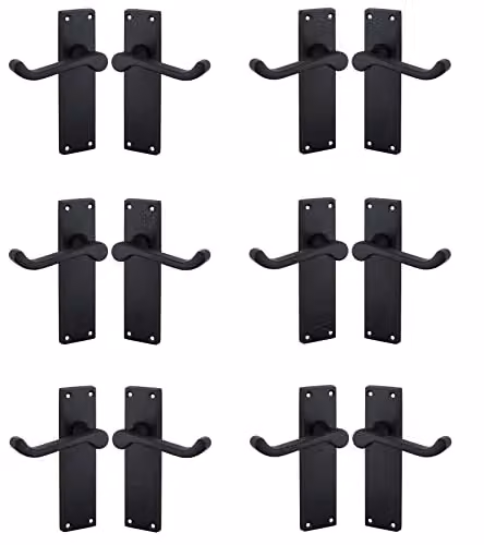 Golden Grace Victorian Scroll Lever Latch Door Handles with Plate, Matt Black, 6 Pairs