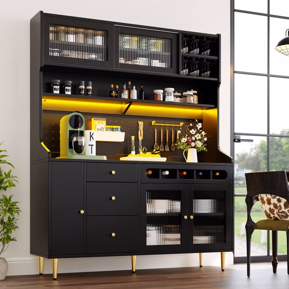 Merax Modern Black Kitchen Dresser with LED Lighting, Glass Doors and Wine Rack, H: 171 cm, W: 39 cm, D: 145 cm – 2
