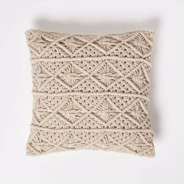 Homescapes Willow Handwoven Macrame Square Cushion in Beige and Brown Cotton