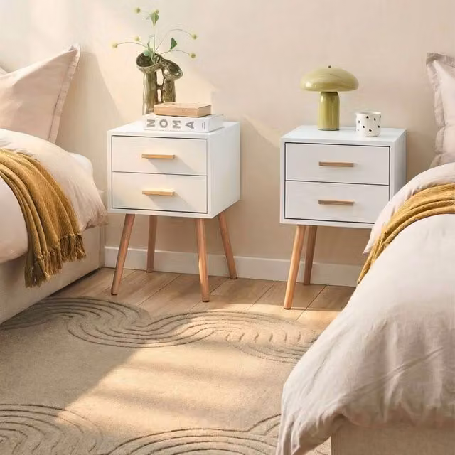 Wyld Haus Set of 2 White Lacquered Minimalist Bedside Tables with Rubberwood Legs