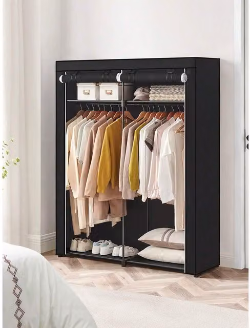 SONGMICS Black Fabric Wardrobe with Roll Shutter, Hanging Rod and Internal Shelves