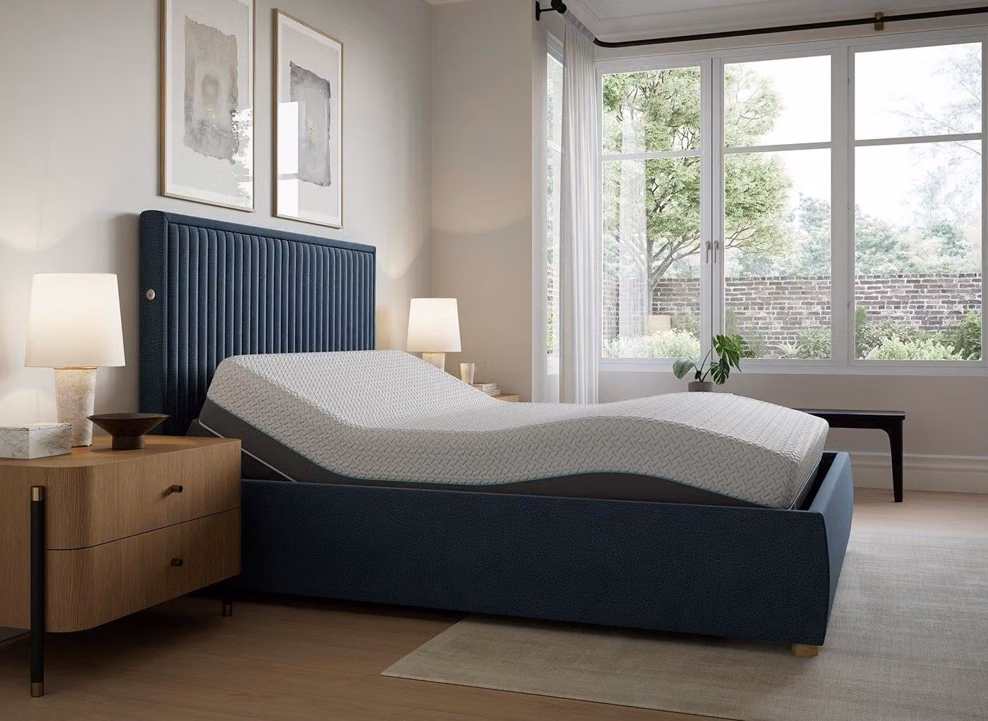 Tempur Duxford Sleepmotion Adjustable Upholstered Bed Frame in Blue with USB Charging Port