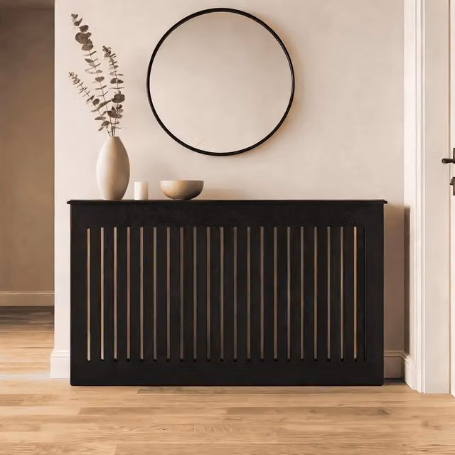 Home Source Modern Black Lacquered MDF Radiator Cover with Striped Design, Width: 150 cm