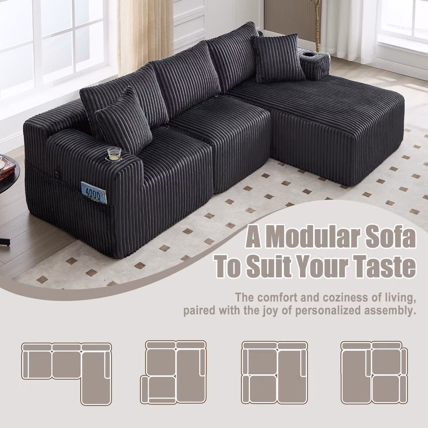 Aosom UK Modular L-Shaped Sectional Sofa in Grey Corduroy with Deep Seats and Reversible Design, W/D/H: 257 x 160 x 80 cm – 3