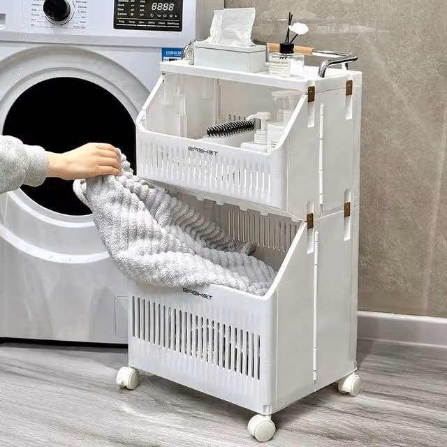 Livingandhome 2-Tier Rolling Laundry Hamper with Wheels and Handles, White, Height: 72 cm