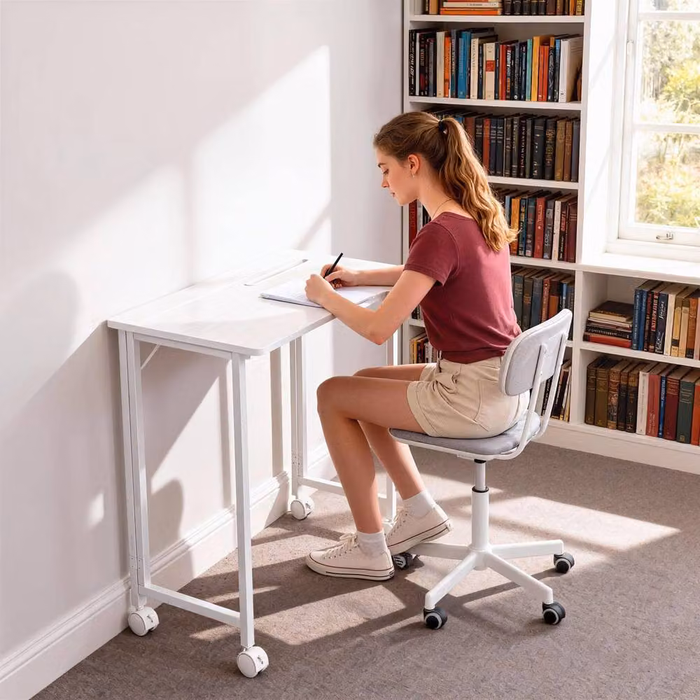 Wyld Haus Veso White Wood Effect Folding Writing Desk with Lockable Castors W/D/H: 80 x 52 x 75 cm – 7