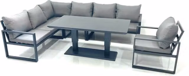 Fimous Aluminium Outdoor Garden Furniture Set with Corner Sofa, Chairs and Adjustable Rising Lifting Dining Table in Dark Grey – 1