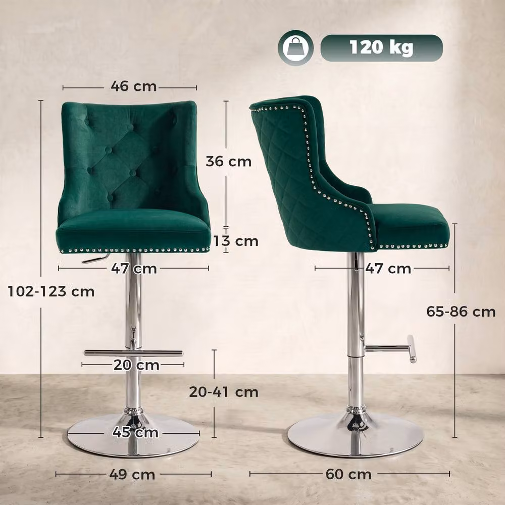 HOMCOM Set of 2 Swivel Velvet Bar Stools with Footrest in Dark Green – 3