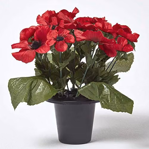HOMESCAPES Artificial Red Poppy Flower Arrangement in Grave Pot, Height: 25 cm – 1