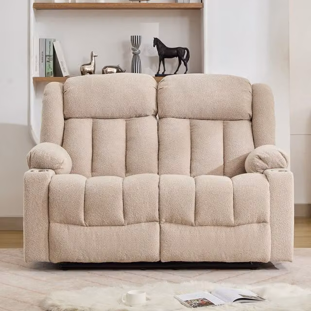 Artemis Home Lovell 2 Seat Manual Recliner Sofa with Cup Holders in Beige Bouclé