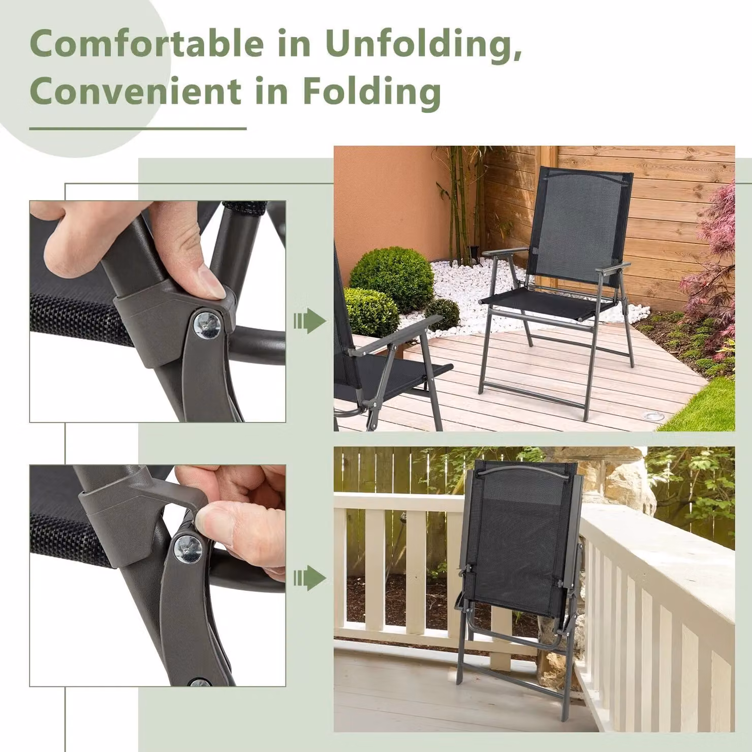 Costway 2 Piece Set of Black Folding Patio Chairs with Armrests and Textilene Fabric – 6
