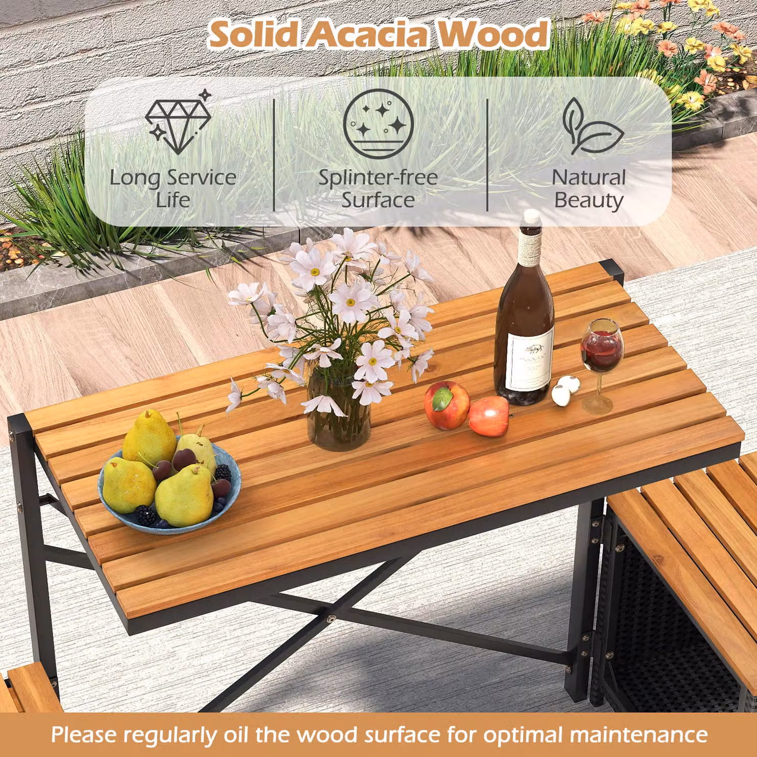 Costway Brown Acacia Wood and Metal Patio Furniture Set with Raised Garden Bed Table and Built-in Chairs – 4