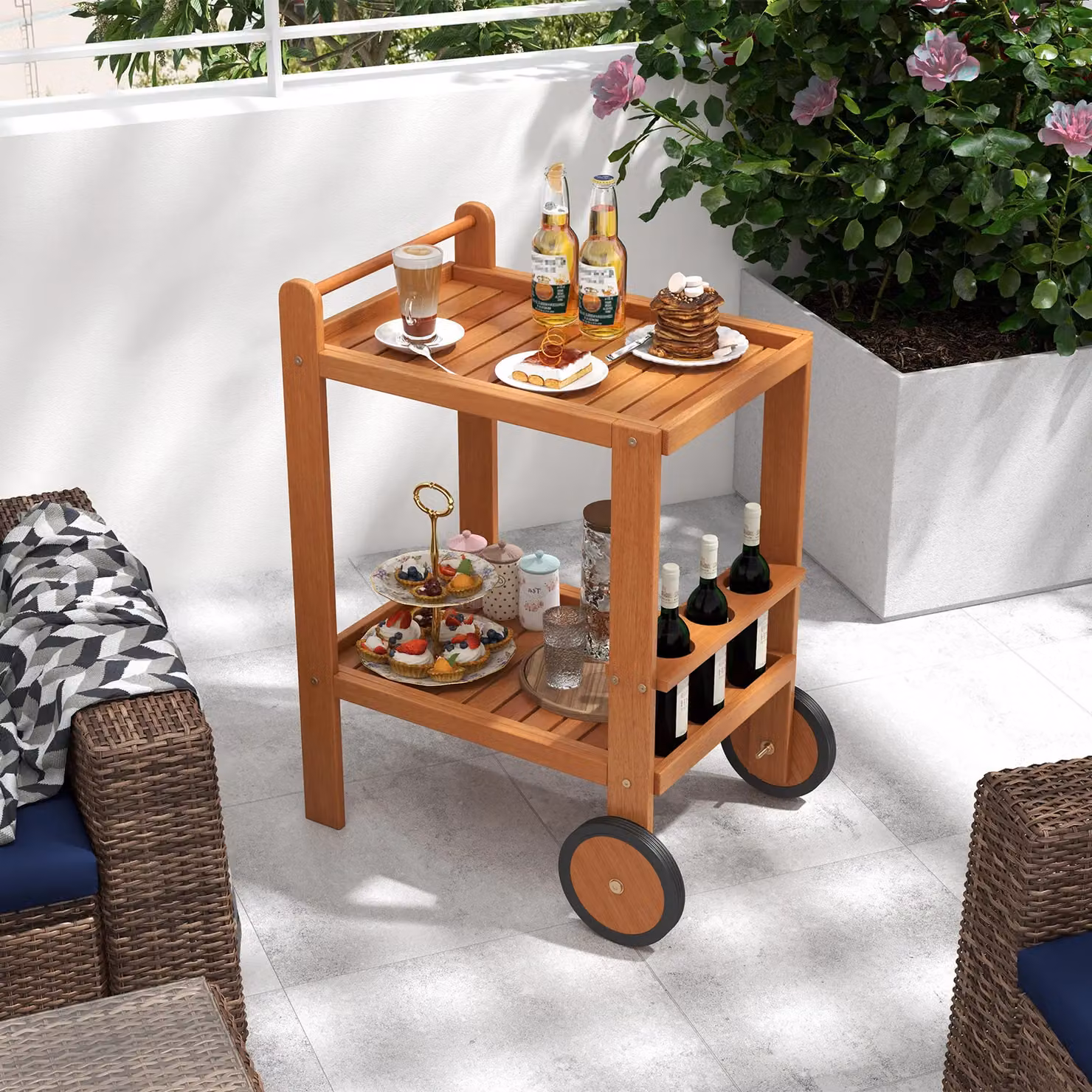 Gymax 2-Tier Wood Rolling Bar Cart with Wine Bottle Holders in Beige and Brown – 3