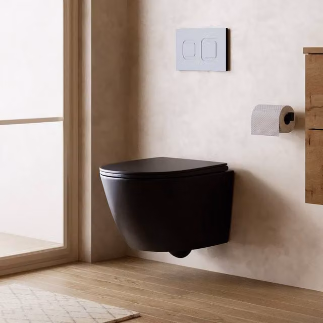 Banyetti Scene Rimless Wall Hung Ceramic Toilet with Soft Close Seat in Matt Black W/D/H: 36.5 x 48.5 x 36.5 cm