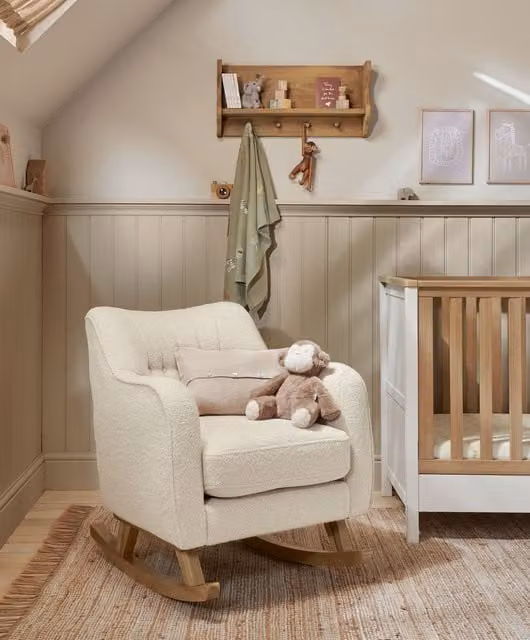 Mamas & Papas White Bouclé Knit Nursing Chair with Oak Upholstered Frame