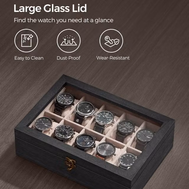 SONGMICS Solid Wood Watch Box Case with 10 Slots and Transparent Lid, Black