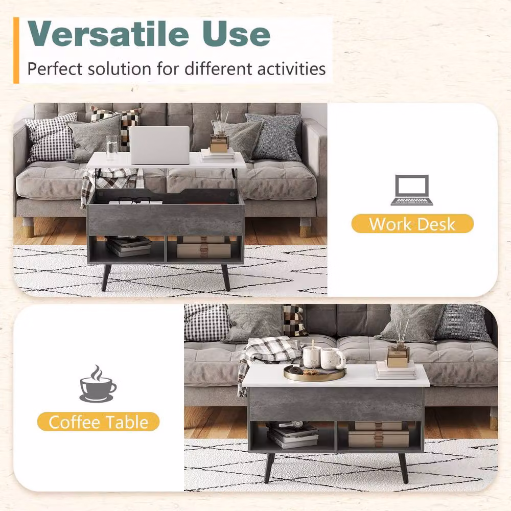 Costway Modern Mid-Century Lift Top Coffee Table with Hidden Storage and Shelves in Grey – 4
