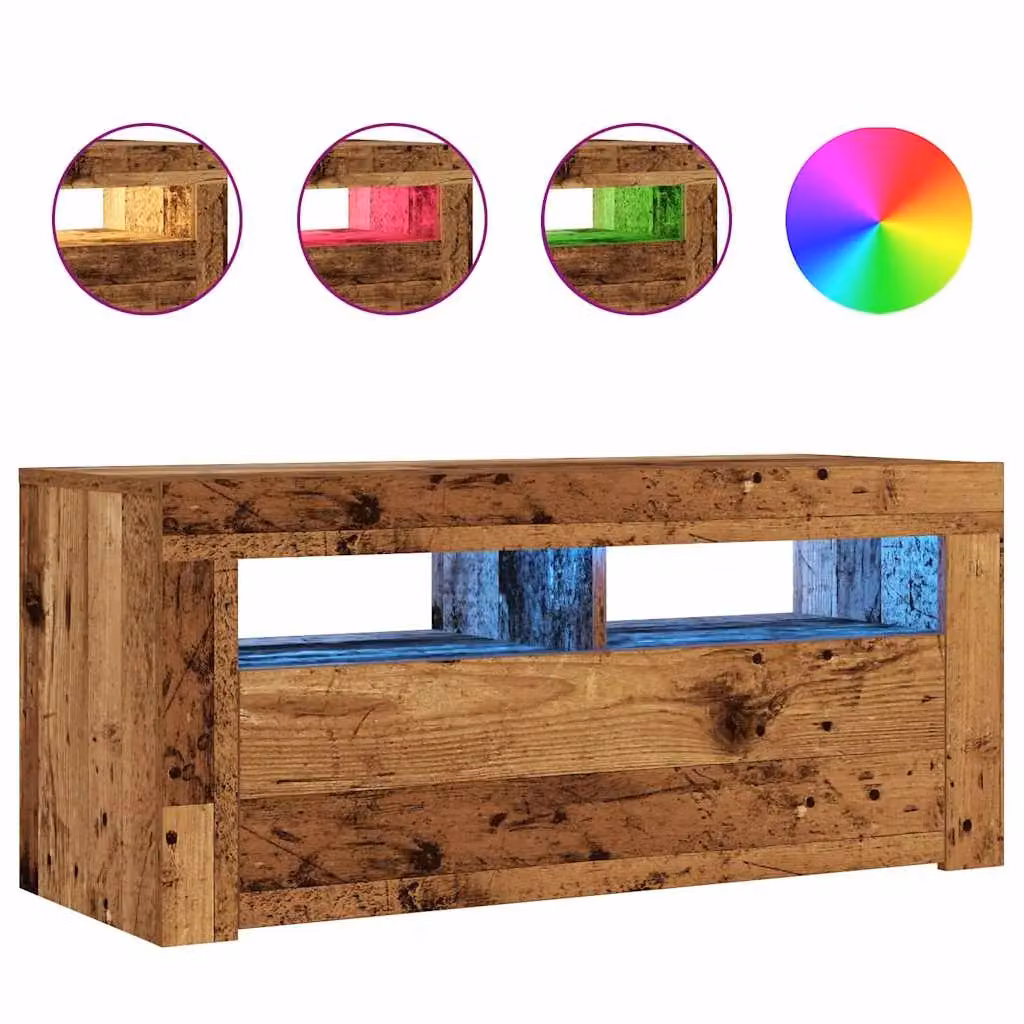 Berkfield Home Modern TV Cabinet with LED Lights in Old Wood Brown, W/D/H: 90 x 35 x 40 cm – 2