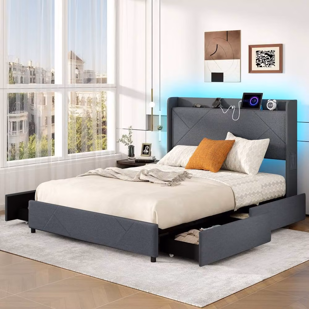 Gymax Upholstered King Size Bed Frame in Grey with LED Lights, USB Charging Port and Storage Drawers, W/D/H: 180 x 200 x 193 cm – 6