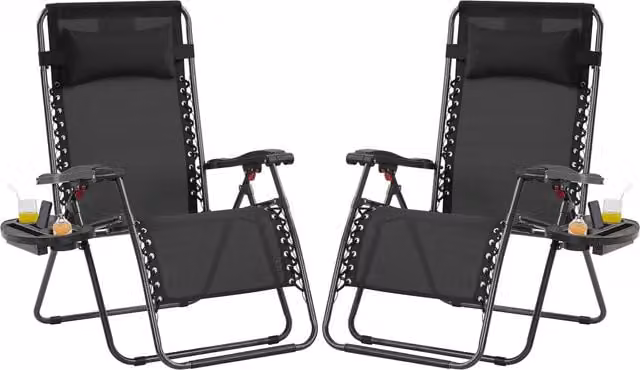 Yaheetech Oversized Zero Gravity Reclining Outdoor Chair in Black with Adjustable Headrest and Side Tray