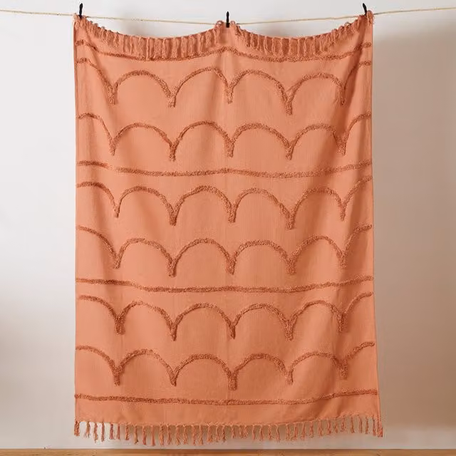 Furn Jakarta Woven Cotton Tufted Tasselled Throw in Pink, W: 130 cm, L: 180 cm