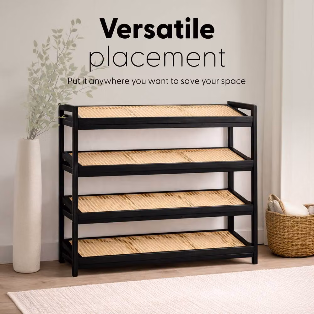 Keplin 4 Tier Bamboo and Rattan Shoe Organiser Rack in Black and Natural – 4