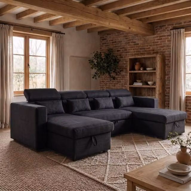 Sofaya Chelsea U-Shape Convertible Sofa Bed with Hidden Storage in Black Fabric