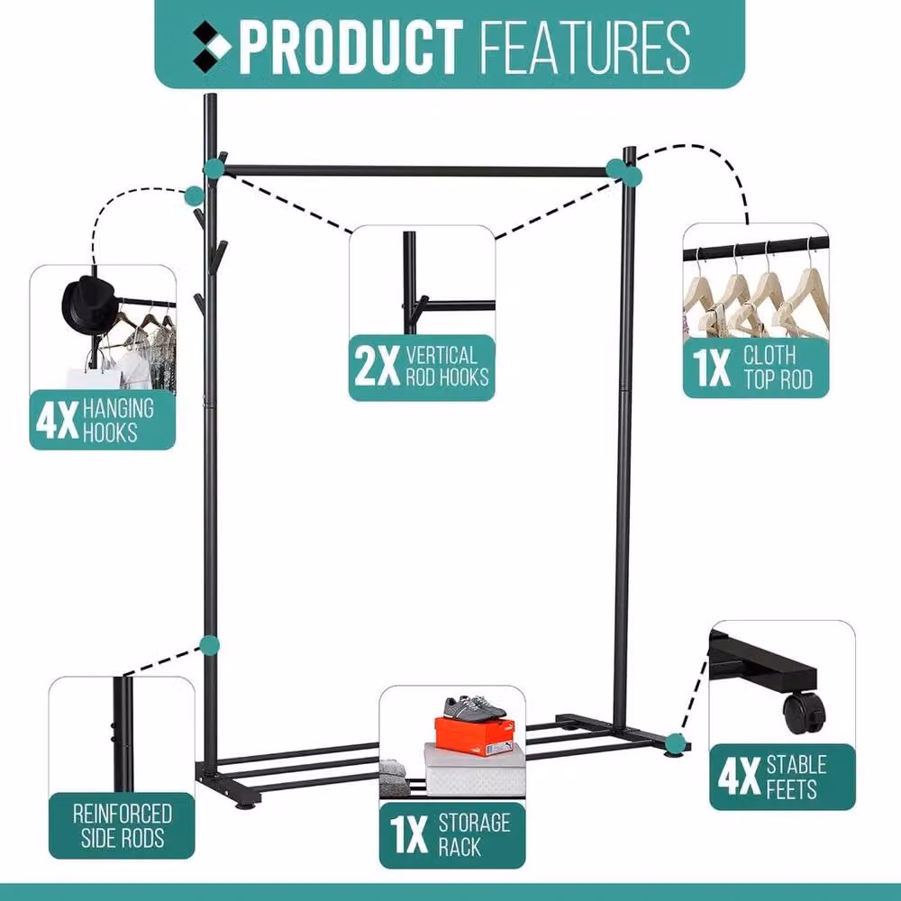 PAWNORA Matt Black Metal Clothes Rail with Feet – 2