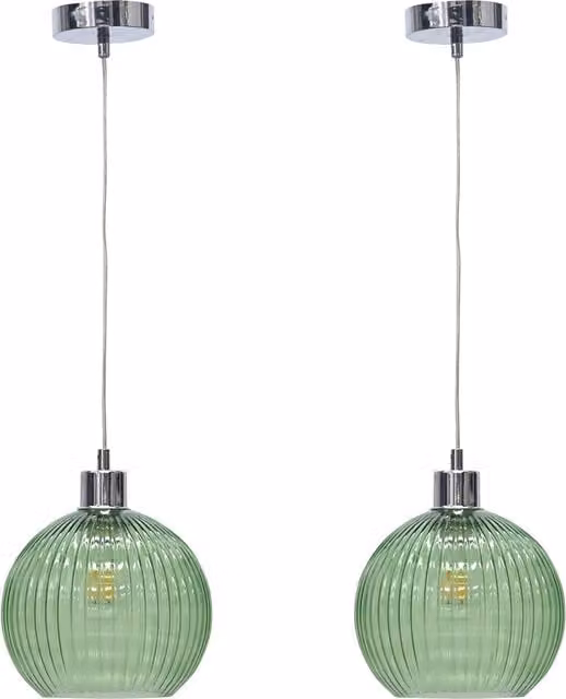 First Choice Lighting Betchley Set of 2 Green Ribbed Glass Globe Pendant Lights with Chrome Finish – 1