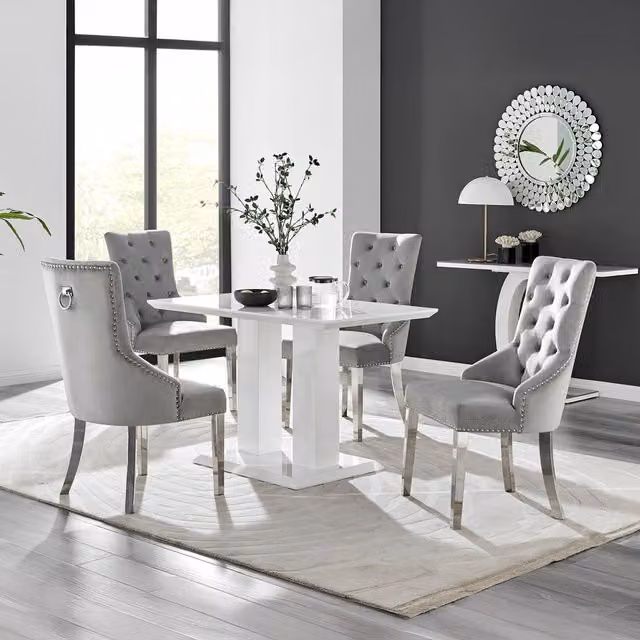 FurnitureboxUK White Imperia 4 Rectangular Dining Table and 4 Belgravia Grey Upholstered Chairs Set, W/D/H: 120 x 70 x 70 cm
